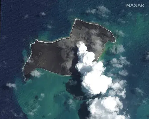 This satellite image provided by Maxar Technologies shows an overview of Hunga Tonga Hunga Ha'apai volcano in Tonga on Jan. 6, 2022, before a huge undersea volcanic eruption. (Satellite image ©2022 Maxar Technologies via AP, File)