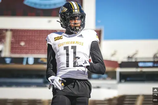 This photo provided by the University of Southern Mississippi Department of Athletics shows Southern Mississippi defensive back Marcus "MJ" Daniels Jr. on the Mississippi State University campus in Starkville, Miss., Nov. 18, 2023. (The University of Southern Mississippi Department of Athletics via AP, File)