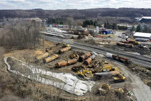 A view of the scene Feb. 24, 2023, as the cleanup continues at the site of of a Norfolk Southern freight train derailment that happened on Feb. 3 in East Palestine, Ohio. Pennsylvania Gov. Josh Shapiro said Monday, March 6, 2023 that Norfolk Southern has pledged several million dollars to cover the cost of the response and recovery in Pennsylvania after last month's derailment of a train carrying toxic chemicals just across the border in Ohio. (AP Photo/Matt Freed, file)