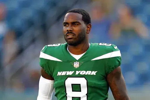 New York Jets' Elijah Moore is shown before a preseason NFL football game, Friday, Aug. 12, 2022, in Philadelphia. New York Jets wide receiver Elijah Moore was excused from practice by the team to attend to a personal matter involving his family. Moore wasn’t seen during the early portion of practice Thursday , Oct. 20, 2022, that reporters can watch. Coach Robert Saleh briefly updated reporters on the sideline on the reason for Moore’s absence without providing further details. (AP Photo/Ma
