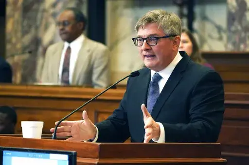 Senate Judiciary B Committee Chairman Joey Fillingane, R-Sumrall, explains the various sections of a bill in the Senate Chamber, as lawmakers consider bills on their calendar, Friday, Feb. 3, 2023, at the Mississippi Capitol in Jackson. (AP Photo/Rogelio V. Solis)