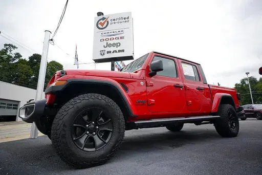 A used 2020 Jeep is on display on a lot in Pittsburgh, Thursday, Sept. 29, 2022. Price increases moderated in the United States last month, Thursday, Nov. 10,  in the latest sign that the inflation pressures that have gripped the nation might be easing as the economy slows and consumers grow more cautious. (AP Photo/Gene J. Puskar, File)