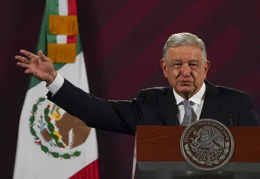 Mexican President Andres Manuel Lopez Obrador gives his regularly scheduled morning press conference at the National Palace in Mexico City, Tuesday, Feb. 28, 2023. (AP Photo/Marco Ugarte)