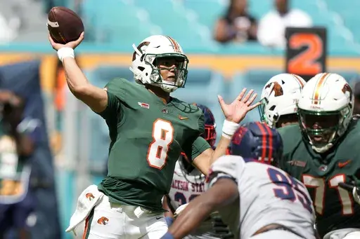 Florida A&M quarterback Jeremy Moussa (8) passes the ball during the first half of the Orange Blossom Classic NCAA college football game against Jackson State, Sunday, Sept. 3, 2023, in Miami Gardens, Fla. (AP Photo/Lynne Sladky)