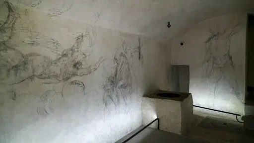 Delicate charcoal drawings that some experts have attributed to Michelangelo are seen on the walls of a room used to store coal until 1955 inside Florence's Medici Chapel, in central Italy, Tuesday, Oct. 31, 2023. The long-hidden 10-meters by 3-meters space was discovered in 1975 sparkling a fierce debate over Michelangelos' attribution. Officials decided to open the room to the public on a limited basis to protect the works. Starting Nov. 15, up to 100 visitors will be granted access each week 