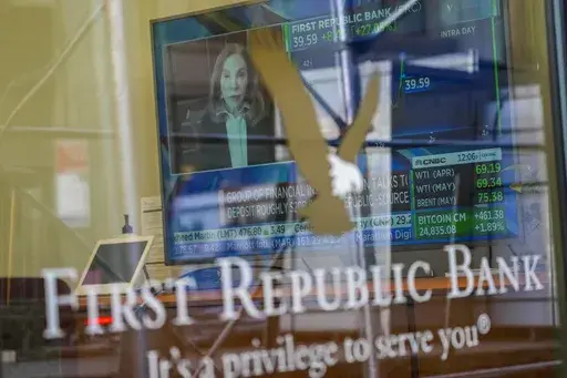 A television screen displaying financial news, including the stock price of First Republic Bank, is seen inside one of the bank's branches in New York's Financial District, on March 16, 2023. Customers of the bank pulled more than $100 billion in deposits out of the bank during the March crisis, as fears swirled that it could be the third bank to fail after the collapse of Silicon Valley Bank and Signature Bank. (AP Photo/Mary Altaffer, File)