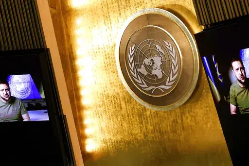 Ukrainian President Volodymyr Zelenskyy addresses the 77th session of the United Nations General Assembly, Wednesday, Sept. 21, 2022 at U.N. headquarters. (AP Photo/Julia Nikhinson)