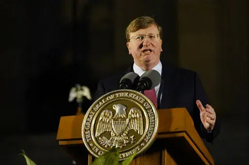 Republican Gov. Tate Reeves outlines his priorities during his State of the State address before a joint session of the Mississippi Legislature on the steps of the State Capitol in Jackson, Miss., Monday, Jan. 30, 2023. (AP Photo/Rogelio V. Solis)