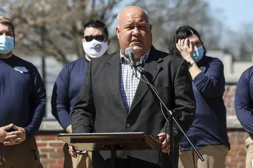 Smiths Station Mayor Bubba Copeland speaks during the Wednesday, March 3, 2019, tornado remembrance ceremony at Courthouse Square in downtown Opelika, Ala. (Sara Palczewski/Opelika-Auburn News via AP)