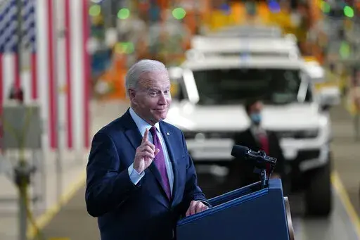 President Joe Biden speaks during a visit to the General Motors Factory ZERO electric vehicle assembly plant, Wednesday, Nov. 17, 2021, in Detroit. (AP Photo/Evan Vucci)