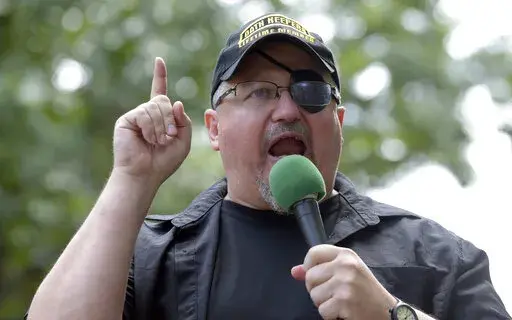 Stewart Rhodes, founder of the Oath Keepers, speaks during a rally outside the White House in Washington, June 25, 2017. Jury selection is expected to get underway Tuesday in one of the most serious cases to emerge from the Jan. 6, 2021 attack on the U.S. Capitol against the founder of the far-right Oath Keepers extremist group and four associates charged with seditious conspiracy.(AP Photo/Susan Walsh, File)