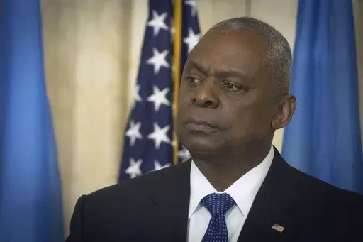US Secretary of Defence Lloyd Austin makes a speech at Diplomatic Academy of Ukraine in Kyiv, Ukraine, Monday, Oct. 21, 2024. (AP Photo/Efrem Lukatsky, File)