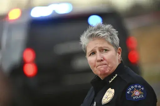 Aurora Police Chief Vanessa Wilson addresses members of the media to discuss a shooting at Nome Park on Nov. 15, 2021, in Aurora, Colo. The Denver suburb where a Black man died after being confronted by police in 2019 has ousted its police chief, Wednesday, April 6, 2022, nearly two years after she took over vowing to rebuild community relations and reform the department. In a press release, Aurora's city manager implied that while Wilson prioritized community involvement, she didn't effectively
