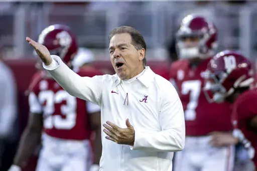 Alabama head coach Nick Saban yells instruction before an NCAA college football game against LSU, Saturday, Nov. 6, 2021, in Tuscaloosa, Ala. (AP Photo/Vasha Hunt)