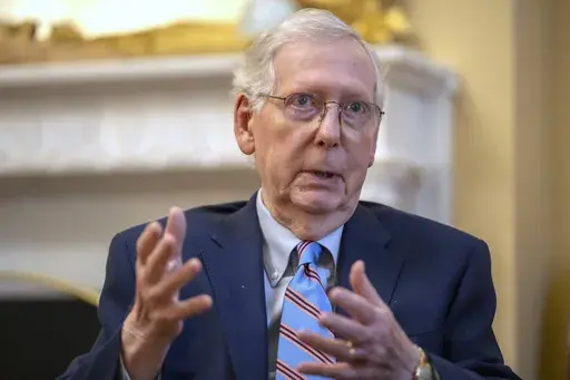 Senate Minority Leader Mitch McConnell of Ky., speaks during an interview with the Associated Press at his office in the Capitol, Nov. 6, 2023 in Washington. (AP Photo/Mark Schiefelbein, File)