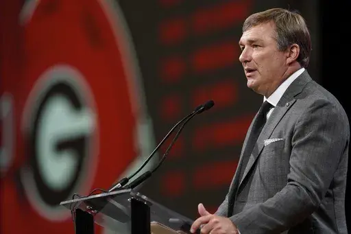 Georgia head coach Kirby Smart speaks during NCAA college football Southeastern Conference Media Days, Tuesday, July 18, 2023, in Nashville, Tenn. (AP Photo/George Walker IV)
