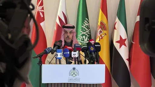 Saudi Foreign Minister Prince Faisal bin Farhan Al-Saud speaks during a press briefing, in Riyadh, Saudi Arabia, Sunday, Jan. 12, 2025. (AP Photo/Baraa Anwer)