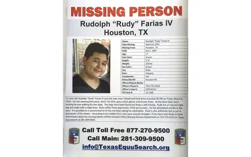 A missing poster for Rudolph "Rudy" Farias IV is shown during the Missing Person Day event at City Hall Sunday, Jan. 31, 2016, in Houston. Farias, who went missing as a teenager in 2015 after last being seen walking his dogs in Houston has been found alive, his family and police said Monday, July 3, 2023. (TexasEquuSearch/Courtesy of Houston Chronicle via AP)