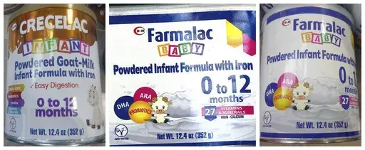 This combination of photos provided by the U.S. Food and Drug Administration shows packaging for, from left, CRECELAC INFANT Powdered Goat-Milk Infant Formula with Iron 0 to 12 months, Farmalac BABY Powdered Infant Formula with Iron 0 to 12 months, and Farmalac BABY Powdered Infant Formula with Iron Low Lactose 0 to 12 months. On Friday, May 31, 2024, U.S. health officials warned parents to avoid powdered infant formula sold by a Texas dairy producer, because a dangerous bacteria was found in on