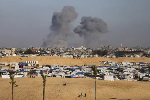 Smoke rises following an Israeli airstrike east of Rafah, Gaza Strip, Monday, May 6, 2024. (AP Photo/Ismael Abu Dayyah)