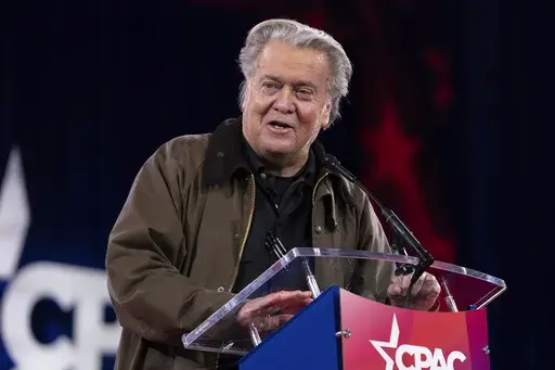 Steve Bannon speaks at the Conservative Political Action Conference, CPAC, at the Gaylord National Resort & Convention Center, Thursday, Feb. 20, 2025, in Oxon Hill, Md. (AP Photo/Jose Luis Magana)