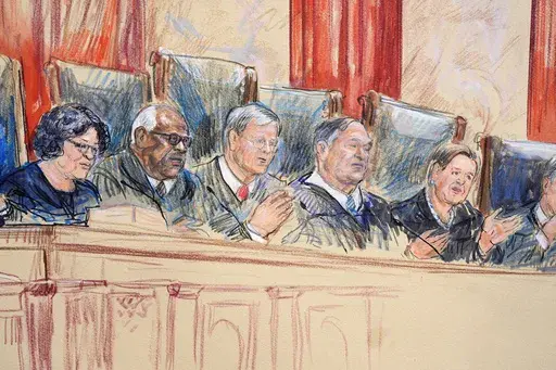 This artist sketch depicts, from left, Associate Justice Sonia Sotomayor, Associate Justice Clarence Thomas, Chief Justice of the United States John Roberts, Associate Justice Samuel Alito, and Associate Justice Elena Kagan at the Supreme Court during arguments over whether former President Donald Trump is immune from prosecution in a case charging him with plotting to overturn the results of the 2020 presidential election, on Capitol Hill in Washington, Thursday, April 25, 2024. (Dana Verkouter