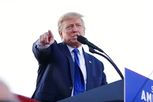 Former President Donald Trump speaks at a rally at the Delaware County Fairgrounds, Saturday, April 23, 2022, in Delaware, Ohio, to endorse Republican candidates ahead of the Ohio primary. Trump's legal team wants to void a contempt ruling and $10,000-per-day fine against the former president over a subpoena for documents related to a New York civil investigation into his business dealings, saying they’ve conducted a detailed search for the relevant files. (AP Photo/Joe Maiorana, File)