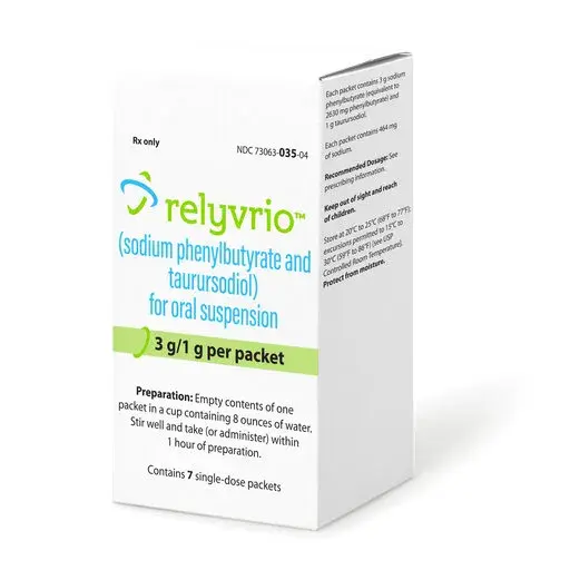 This image provided by Amylyx Pharmaceuticals shows the drug Relyvrio. The much-debated drug for Lou Gehrig’s disease won approval by the U.S. Food and Drug Administration on Thursday, Sept. 29, 2022, a long-sought victory for patients that is likely to renew questions about the scientific rigor behind government reviews of experimental medicines. (Amylyx Pharmaceuticals via AP)