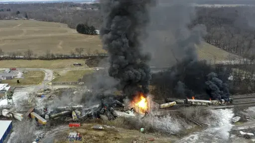 This photo taken with a drone shows portions of a Norfolk and Southern freight train that derailed Friday night in East Palestine, Ohio are still on fire at mid-day Saturday, Feb. 4, 2023. Soon after the train derailed and spilled toxic chemicals in Ohio last month, anonymous pro-Russian accounts started spreading misleading claims and anti-American propaganda about it on Twitter, using Elon Musk's new verification system to expand their reach while creating the illusion of credibility. (AP Phot