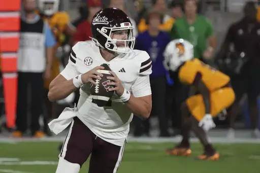 Mississippi State quarterback Blake Shapen looks to pass against Arizona State in the first half during an NCAA college football game, Saturday, Sept. 7, 2024, in Tempe, Ariz. (AP Photo/Rick Scuteri)