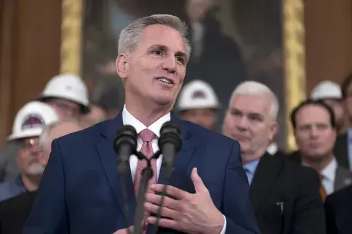 House Speaker Kevin McCarthy, R-Calif., talks to reporters at the Capitol in Washington, March 30, 2023. The moment will be a historic one - a U.S. House speaker meeting with the president of Taiwan for the first time on American soil, a high-profile encounter designed to boost support for the island government but almost certain to draw blowback from an enraged China. (AP Photo/J. Scott Applewhite, File)