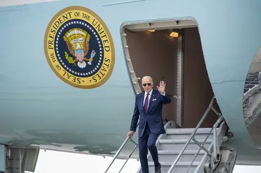 President Joe Biden arrives at John F. Kennedy International Airport in New York, Thursday, June 29, 2023, to attend campaign receptions. (AP Photo/Andrew Harnik)