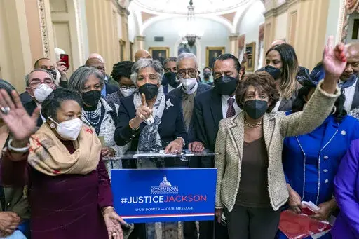 Members of the Congressional Black Caucus, with Rep. Sheila Jackson Lee, D-Tex., left, Rep. Joyce Beatty, D-Ohio, center, and Rep. Maxine Waters, D-Calif., right, speak to reporters outside the Senate chamber just after the vote to confirm Supreme Court nominee Ketanji Brown Jackson, securing her place as the first Black woman on the high court, at the Capitol in Washington, Thursday, April 7, 2022. (AP Photo/J. Scott Applewhite)