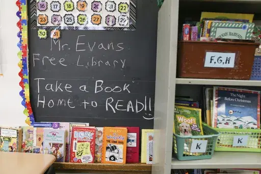 Books are displayed on a free library shelf inside the classroom of Richard Evans, a teacher at Hyde Park Elementary School, on Thursday, Oct. 20, 2022, in Niagara Falls, N.Y. Stuck with distance learning as they began grade school, the kids who are now finishing elementary school were the ones most disrupted by COVID, with alarming delays in their reading ability. (AP Photo/Joshua Bessex, File)