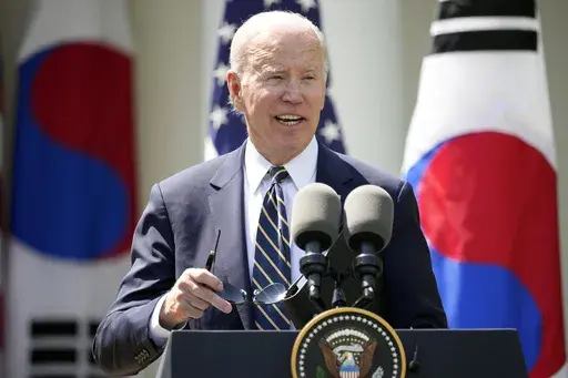 President Joe Biden speaks during a news conference with South Korea's President Yoon Suk Yeol in the Rose Garden of the White House Wednesday, April 26, 2023, in Washington. (AP Photo/Andrew Harnik)