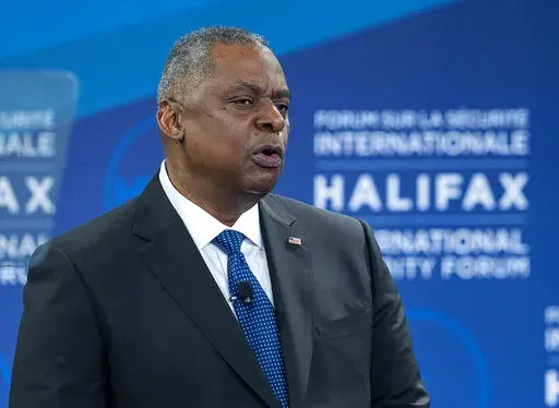 U.S. Secretary of Defense Lloyd J. Austin III delivers remarks at the Halifax International Security Forum in Halifax on Saturday, Nov.19, 2022.  (Andrew Vaughan/The Canadian Press via AP)