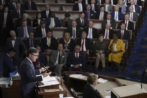 House Speaker-elect Rep. Mike Johnson, R-La., addresses members of Congress at the Capitol in Washington, Oct. 25, 2023. Congressional leaders have reached an agreement on topline spending levels for the current fiscal year 2024 that could help avoid a partial government shutdown later this month. Funding is set to lapse Jan. 19 for some agencies and Feb. 2 for others. (AP Photo/J. Scott Applewhite, File)