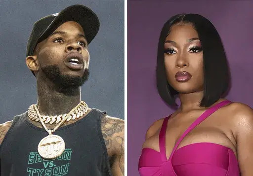 This combination photo shows Tory Lanez performing at the Festival d'ete de Quebec, July 11, 2018, in Quebec City, Canada, left, and Megan Thee Stallion at the premiere of "P-Valley," June 2, 2022, in Los Angeles. Three years have passed since hip-hop superstar Megan Thee Stallion was shot multiple times by rapper Lanez in Los Angeles following a summer pool party at the home of Kylie Jenner. On Monday, Aug. 7, 2023, Lanez is scheduled to be sentenced, following his December conviction on three 