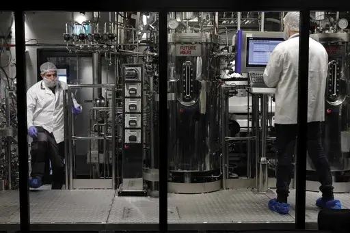 Technicians work with bioreactors at the Believer Meats facility in Rehovot, Israel on Feb. 13, 2023. Animal cells are placed inside bioreactors and bathed in a nutrient-rich broth where they multiply. The paste of cells is harvested and mixed with plant proteins, then pressurized and pushed out to create meat fibers. (AP Photo/Emma H. Tobin)