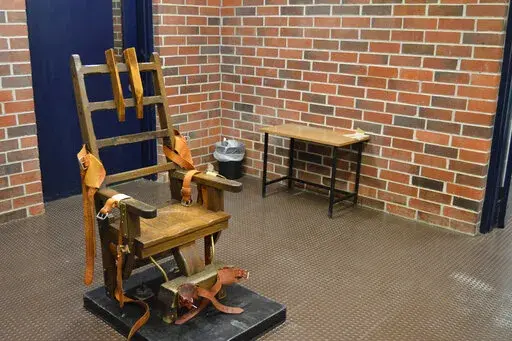 This March 2019 photo provided by the South Carolina Department of Corrections shows the state's electric chair in Columbia, S.C. The South Carolina Supreme Court is hearing arguments on Thursday, Jan. 5, 2023, to determine if execution in the electric chair or firing squad are cruel and unusual punishments. (Kinard Lisbon/South Carolina Department of Corrections via AP, File)
