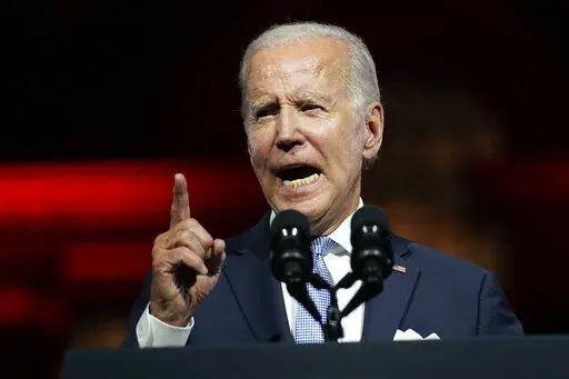 President Joe Biden speaks outside Independence Hall, Thursday, Sept. 1, 2022, in Philadelphia. (AP Photo/Evan Vucci)