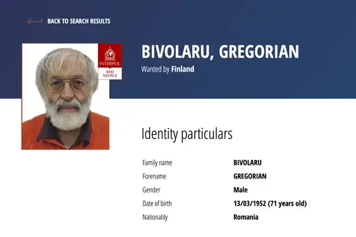 This photo shows the red notice of Romania's Gregorian Bipolar on Interpol website, Tuesday, Nov.28, 2023. French authorities arrested the leader of a multinational tantric yoga organization Tuesday on suspicion of indoctrinating female followers for sexual exploitation. The Romanian guru identified as Gregorian B., whom French media identified as Gregorian Bivolaru at the heart of the Atman Yoga Federation was detained during a massive morning police operation across the Paris region, according