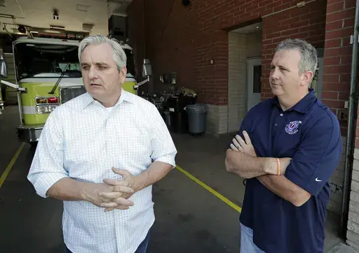 Timothy Stromsnes, left, then-president of the Reedy Creek Professional Firefighters, Local 2117, and Sean Pierce, then-union vice president, air concerns about the firefighting staff at Walt Disney World, May 28, 2019, in Lake Buena Vista, Fla. After more than four years of contentious negotiations, the board of Walt Disney World's governing district now made up of Florida Gov. Ron DeSantis appointees approved a contract for its firefighters on Wednesday, July 26, 2023, and also proposed reduci
