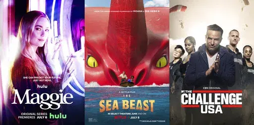 This combination of photos shows promotional art for the Hulu series "Maggie," left, the Netflix animated film "The Sea Beast," center, and the new reality competition series "The Challenge USA" on CBS. (Hulu/Netflix/CBS via AP)