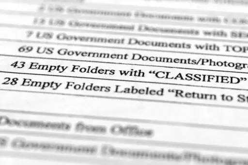 A page from a FBI property list of items seized from former President Donald Trump's Mar-a-Lago estate and made public by the Department of Justice, are photographed Friday, Sept. 2, 2022. FBI agents who searched the home found empty folders marked with classified banners. The inventory reveals in general terms the contents of the 33 boxes taken during the Aug. 8 search. (AP Photo/Jon Elswick)