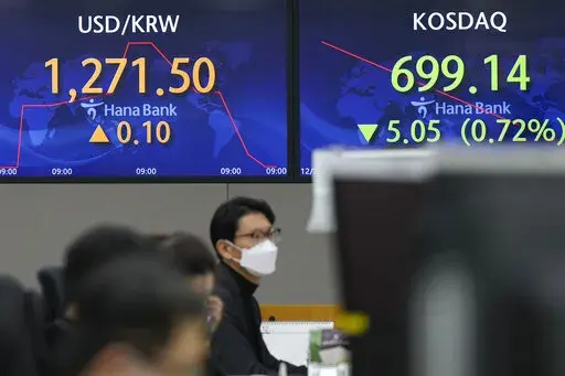 A currency trader watches computer monitors near the screens showing the foreign exchange rate between U.S. dollar and South Korean won at a foreign exchange dealing room in Seoul, South Korea, Wednesday, Dec. 28, 2022. Shares were mixed in Asia on Wednesday after a post-holiday retreat on Wall Street, as markets count down to the end of a painful year for investors.(AP Photo/Lee Jin-man)
