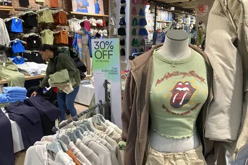 A Rolling Stones t-shirt from 1970 is displayed in the Westfield Garden State Plaza shopping mall in Paramus, New Jersey, on Saturday, December 17, 2022. On Thursday, the Labor Department reports on U.S. consumer prices for December. (AP Photo/Ted Shaffrey, File)