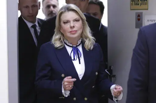 Sara Netanyahu, wife of Israeli Prime Minister Benjamin Netanyahu, attends a hearing at the Magistrate's Court in Rishon LeZion, Israel, on Jan. 23, 2023. Prime Minister Benjamin Netanyahu and his allies on Thursday, March 2, denounced protesters as “anarchists” after they massed outside a Tel Aviv salon where his wife was getting her hair done — a chaotic end to a day of demonstrations against the government's plan to overhaul the judiciary. (Abir Sultan/Pool Photo via AP, File)