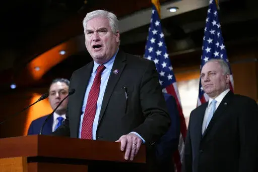 Rep. Tom Emmer, R-Minn., speaks at a news conference on Capitol Hill in Washington, Tuesday, Jan. 10, 2023. Standing behind Emmer are Rep. Anthony D'Esposito, R-N.Y., left, and House Majority Leader Steve Scalise of La. (AP Photo/Patrick Semansky, File)