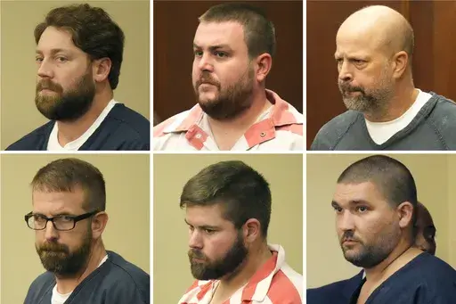This combination of photos shows, from top left, former Rankin County sheriff's deputies Hunter Elward, Christian Dedmon, Brett McAlpin, Jeffrey Middleton, Daniel Opdyke and former Richland police officer Joshua Hartfield appearing at the Rankin County Circuit Court in Brandon, Miss., Aug. 14, 2023. A federal judge has postponed sentencing for the six former Mississippi law enforcement officers who pleaded guilty to a long list of federal charges for torturing two Black men in January. (AP Photo